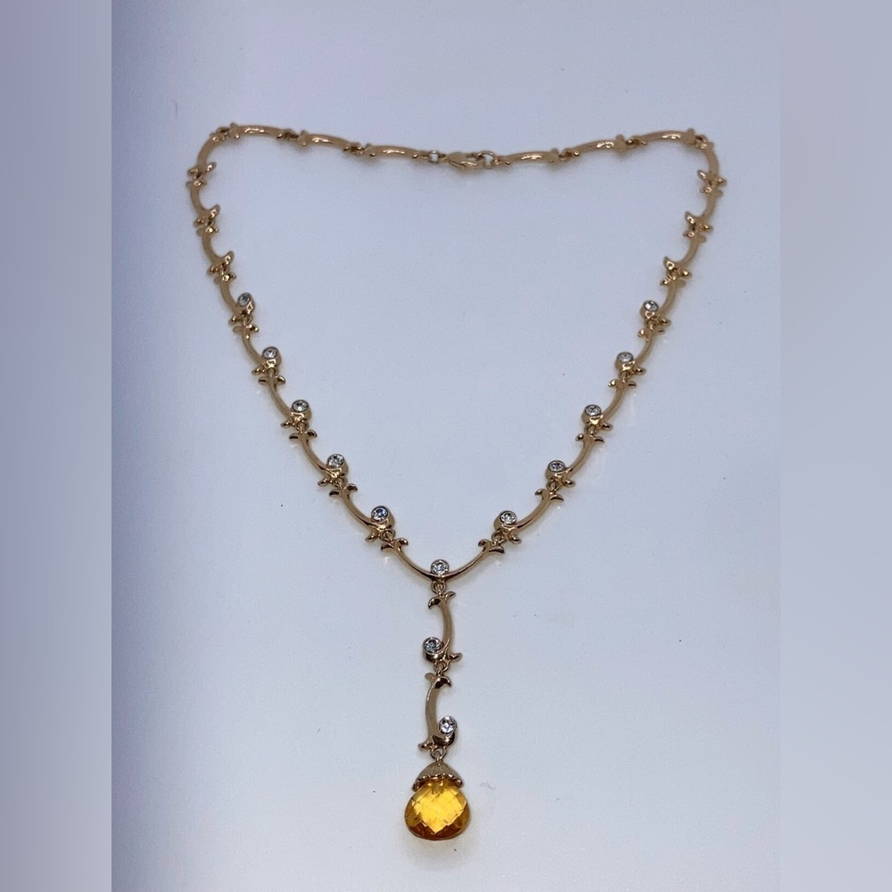 Vtg Avon NR  Rhinestone Facet Cut Orange Lucite Gold Tone Necklace 16” + 2” Drop
